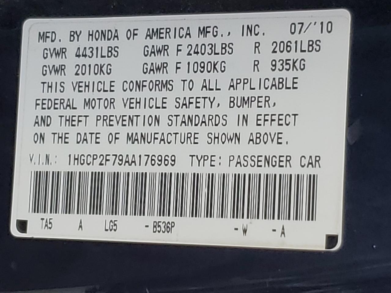 2010 Honda Accord Ex VIN: 1HGCP2F79AA176969 Lot: 85729625