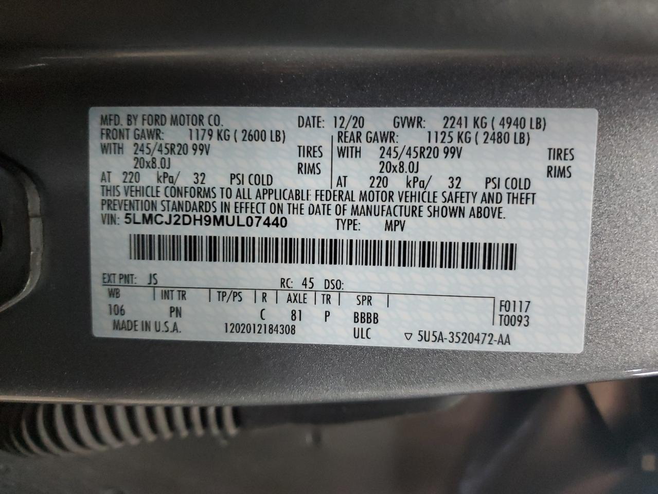 2021 Lincoln Corsair Reserve VIN: 5LMCJ2DH9MUL07440 Lot: 81865845