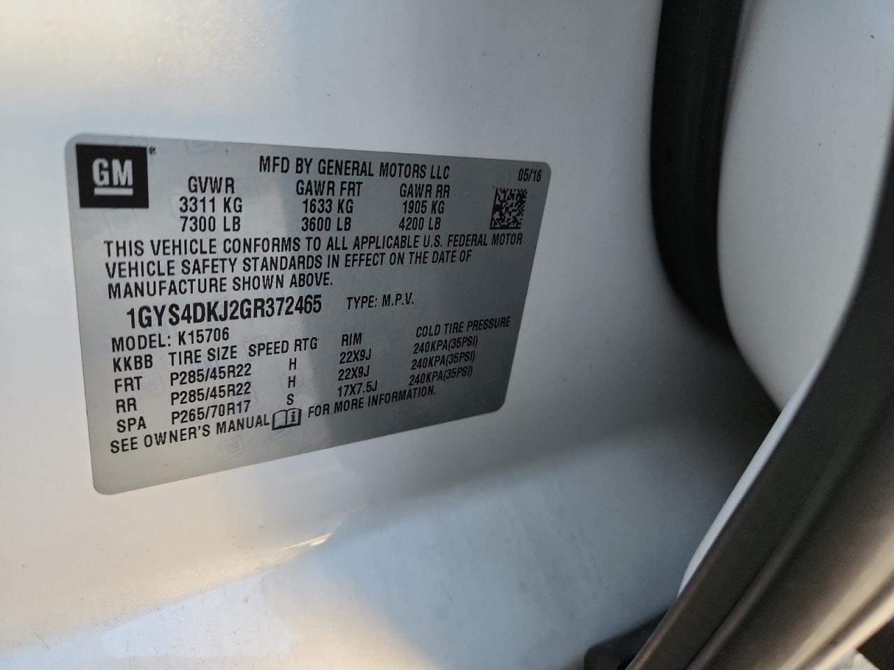 2016 Cadillac Escalade Platinum VIN: 1GYS4DKJ2GR372465 Lot: 87129825