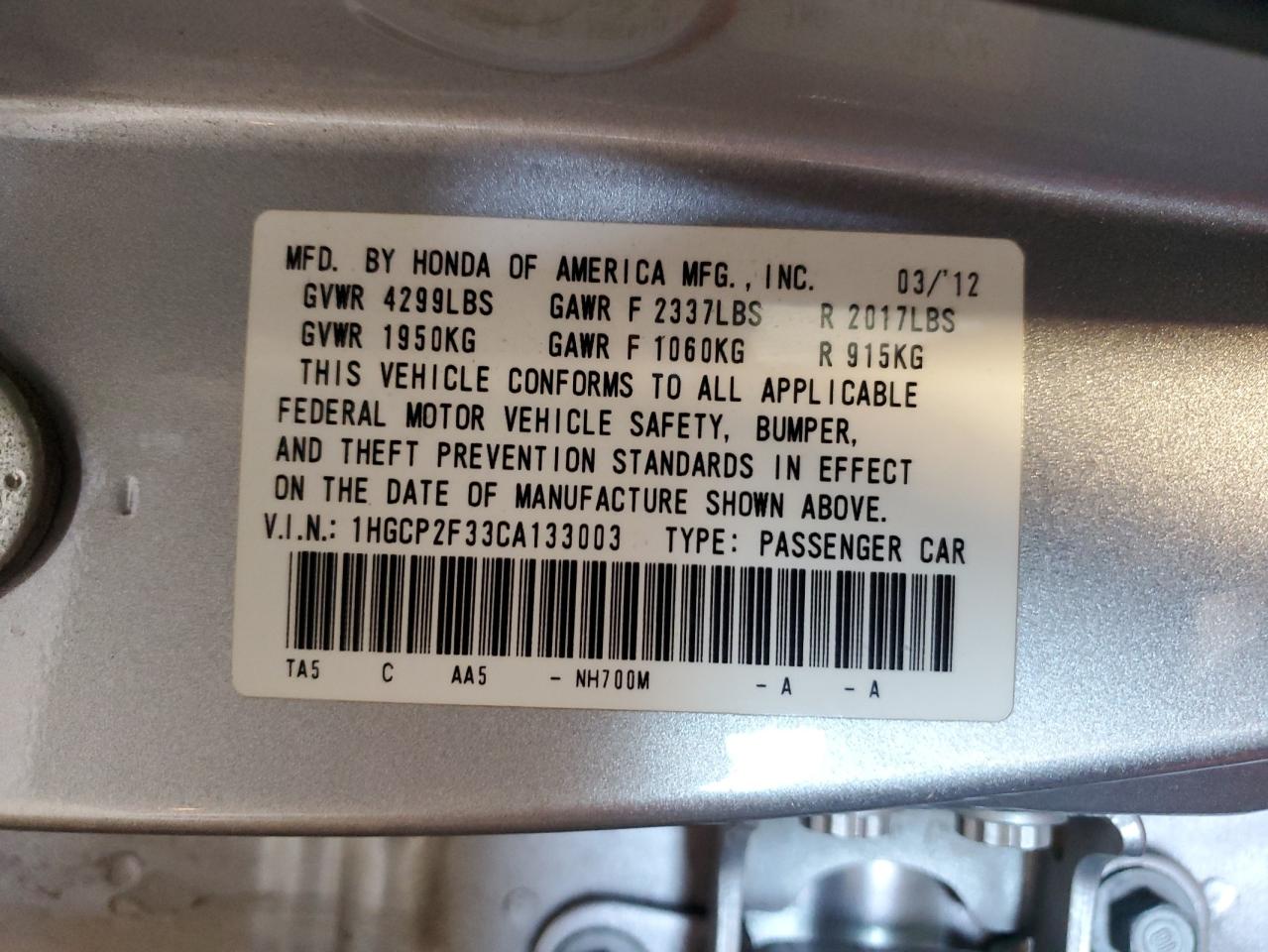 2012 Honda Accord Lx VIN: 1HGCP2F33CA133003 Lot: 84891215
