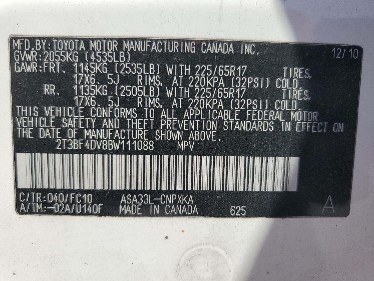 2011 Toyota Rav4 VIN: 2T3BF4DV8BW111088 Lot: 85168265