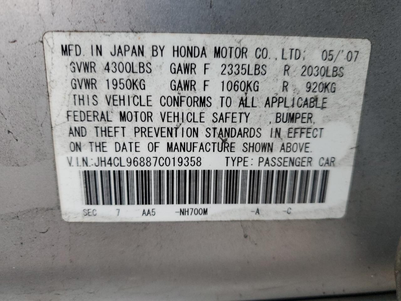 2007 Acura Tsx VIN: JH4CL96887C019358 Lot: 90971065