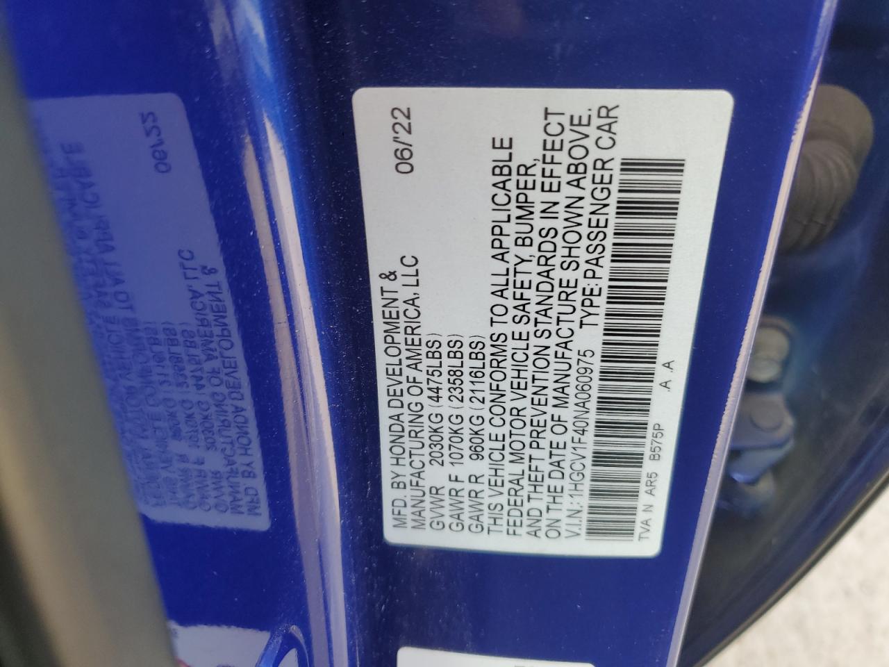 2022 Honda Accord Sport Se VIN: 1HGCV1F40NA060975 Lot: 85743505