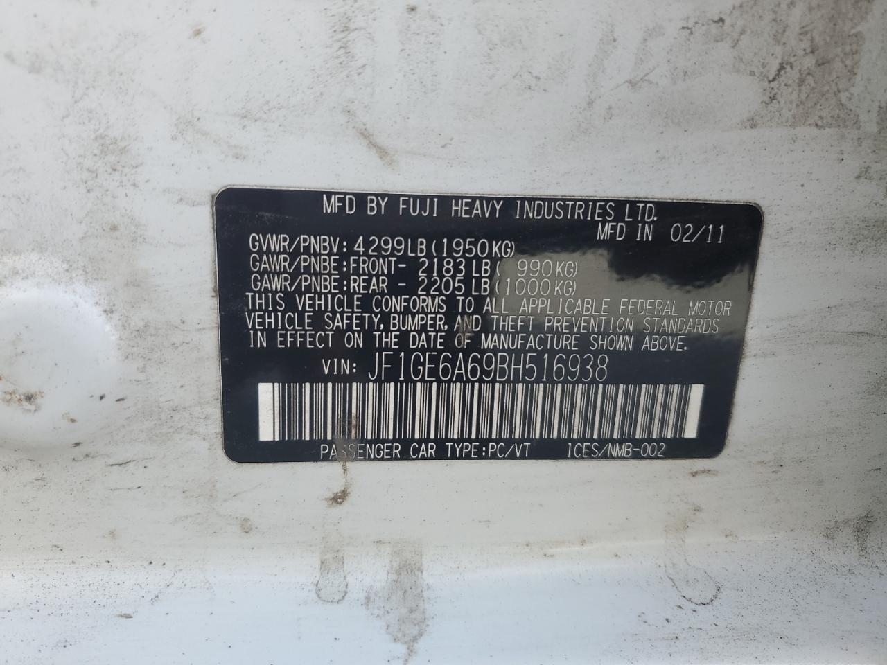 2011 Subaru Impreza 2.5I VIN: JF1GE6A69BH516938 Lot: 86223655