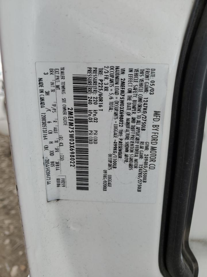 2003 Mercury Grand Marquis Ls VIN: 2MEFM75W03X698022 Lot: 90296825