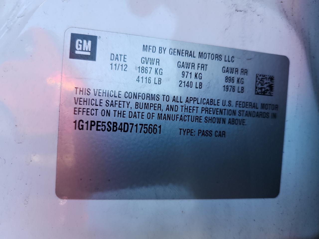 2013 Chevrolet Cruze Lt VIN: 1G1PE5SB4D7175661 Lot: 85362575