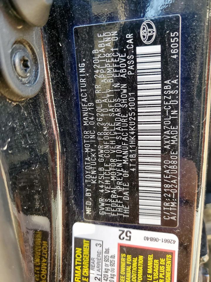 2019 Toyota Camry L VIN: 4T1B11HK4KU251001 Lot: 85596845