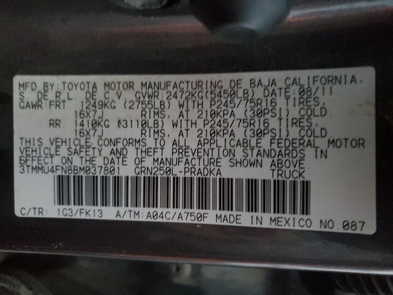 2011 Toyota Tacoma Double Cab Long Bed VIN: 3TMMU4FN8BM037801 Lot: 87266915