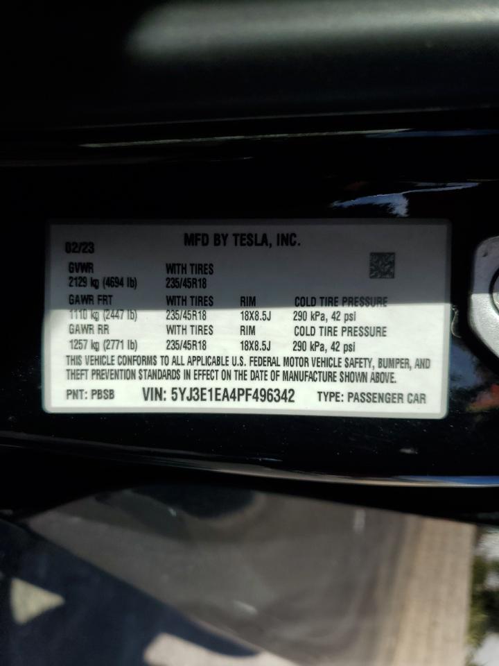 2023 Tesla Model 3 VIN: 5YJ3E1EA4PF496342 Lot: 91134325
