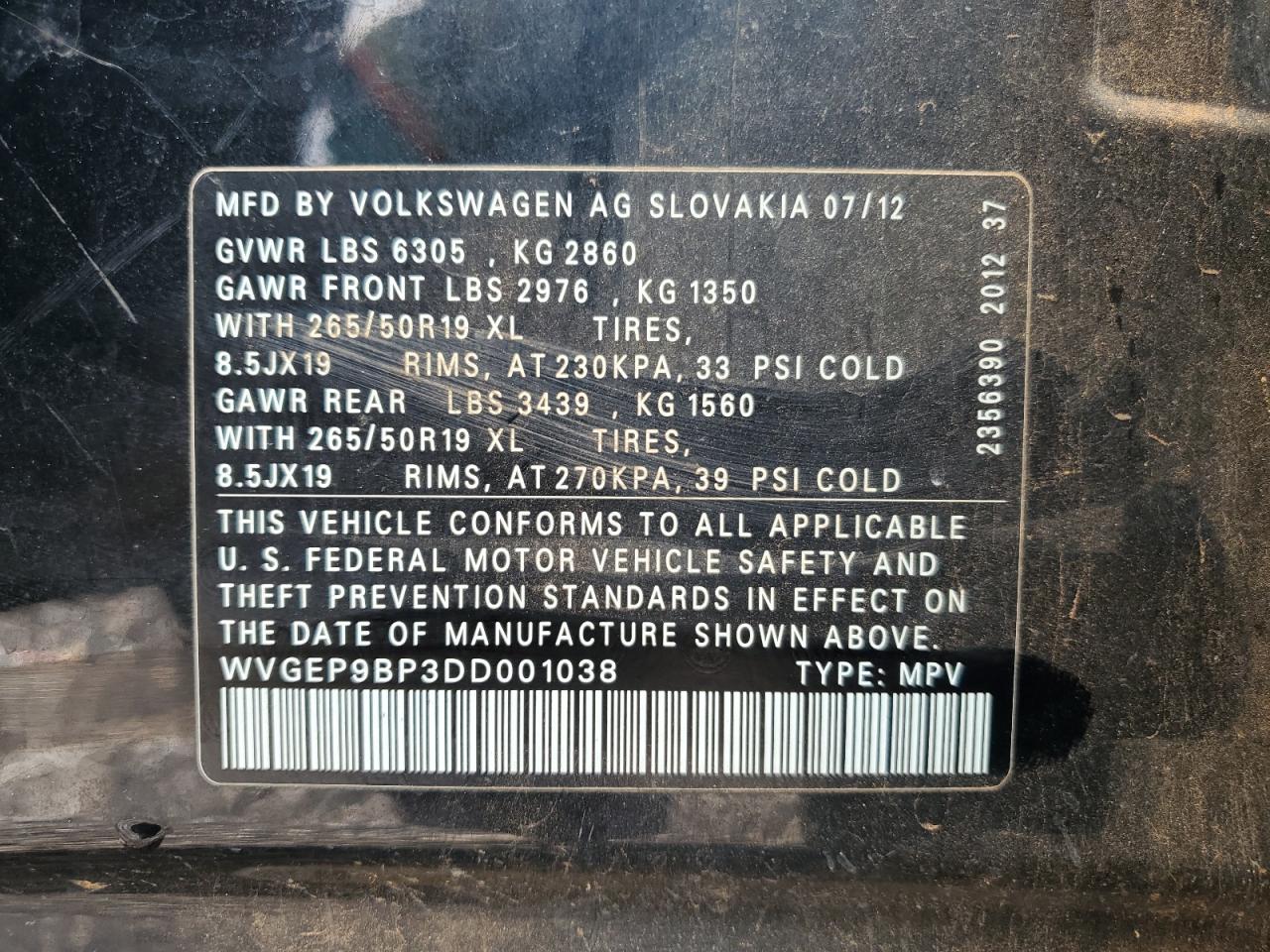 2013 Volkswagen Touareg V6 Tdi VIN: WVGEP9BP3DD001038 Lot: 85542105