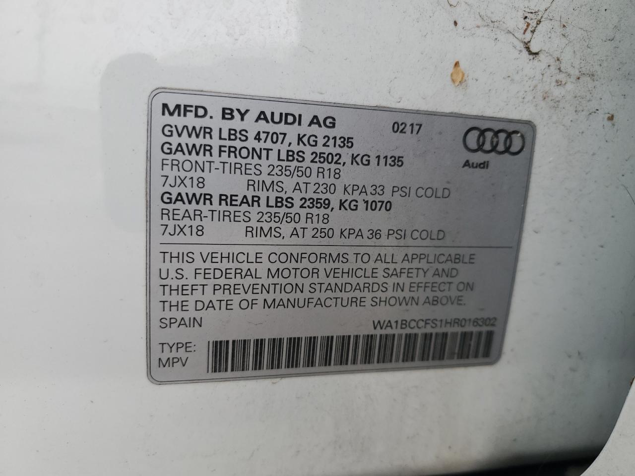 2017 Audi Q3 Premium VIN: WA1BCCFS1HR016302 Lot: 85296325