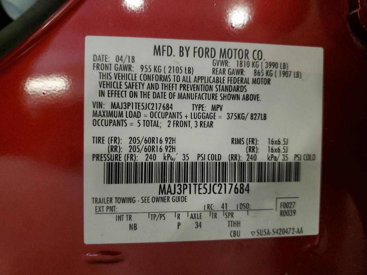 2018 Ford Ecosport Se VIN: MAJ3P1TE5JC217684 Lot: 81907685