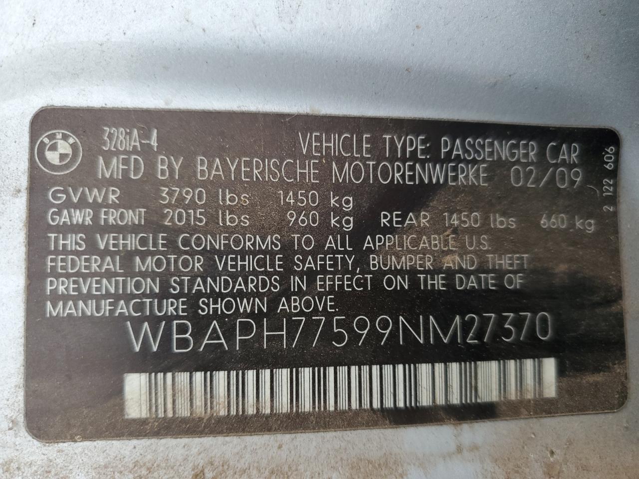 2009 BMW 328 I VIN: WBAPH77599NM27370 Lot: 82759675