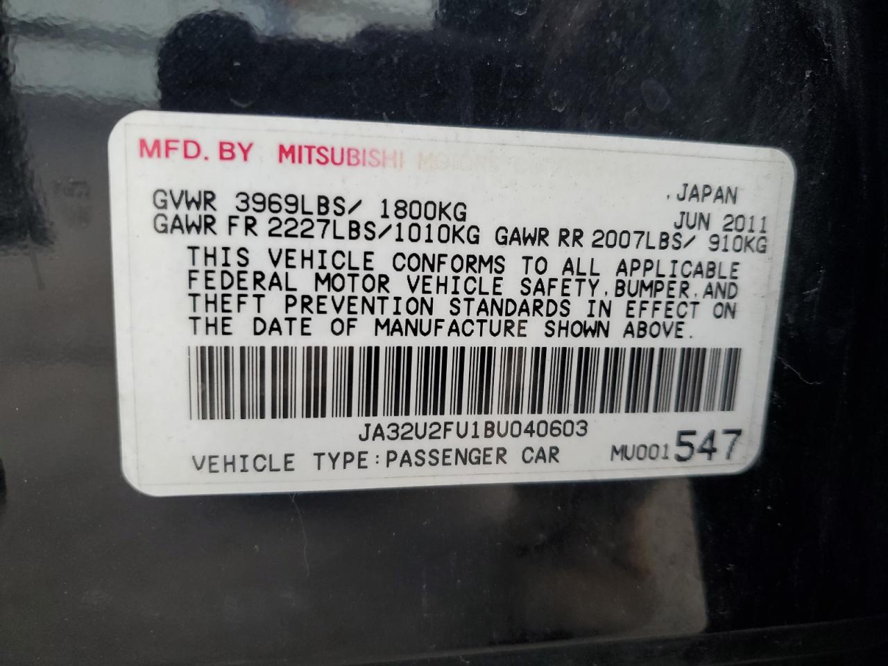 2011 Mitsubishi Lancer Es/Es Sport VIN: JA32U2FU1BU040603 Lot: 82004865