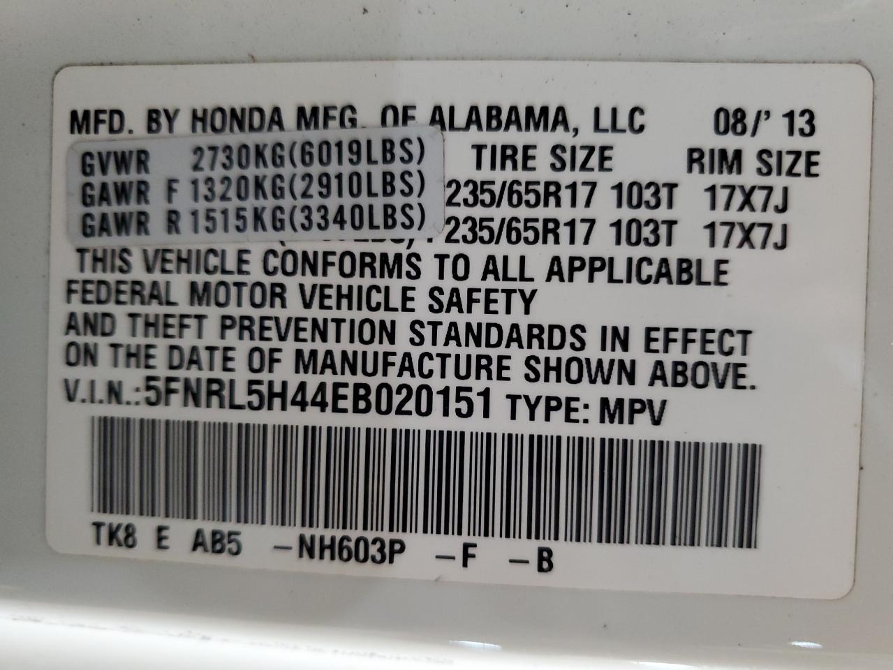 2014 Honda Odyssey Ex VIN: 5FNRL5H44EB020151 Lot: 86136305