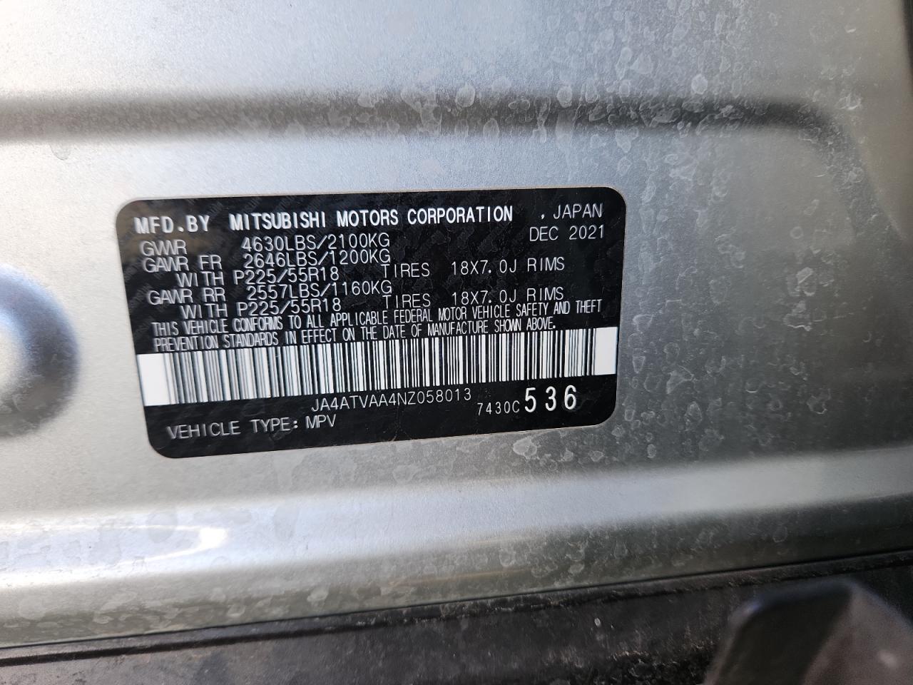 2022 Mitsubishi Eclipse Cross Le VIN: JA4ATVAA4NZ058013 Lot: 90214495