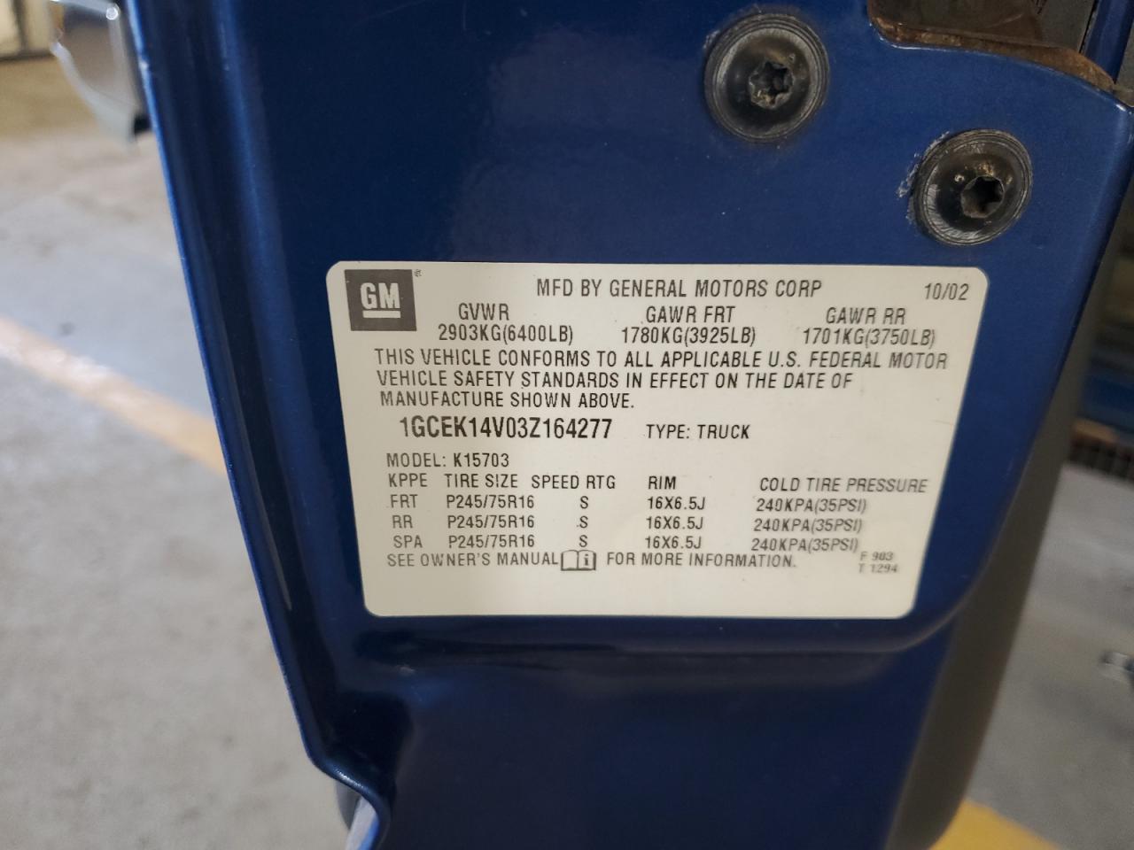 2003 Chevrolet Silverado K1500 VIN: 1GCEK14V03Z164277 Lot: 81979865