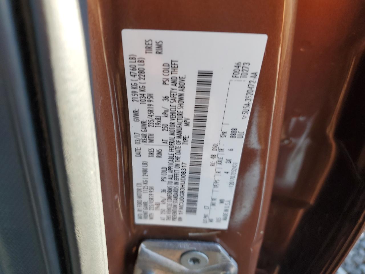 2017 Ford Escape Se VIN: 1FMCU0G93HUD08317 Lot: 85159075