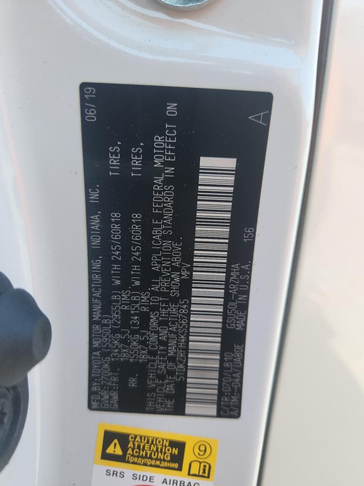 2019 Toyota Highlander Se VIN: 5TDKZRFH4KS567845 Lot: 90262085