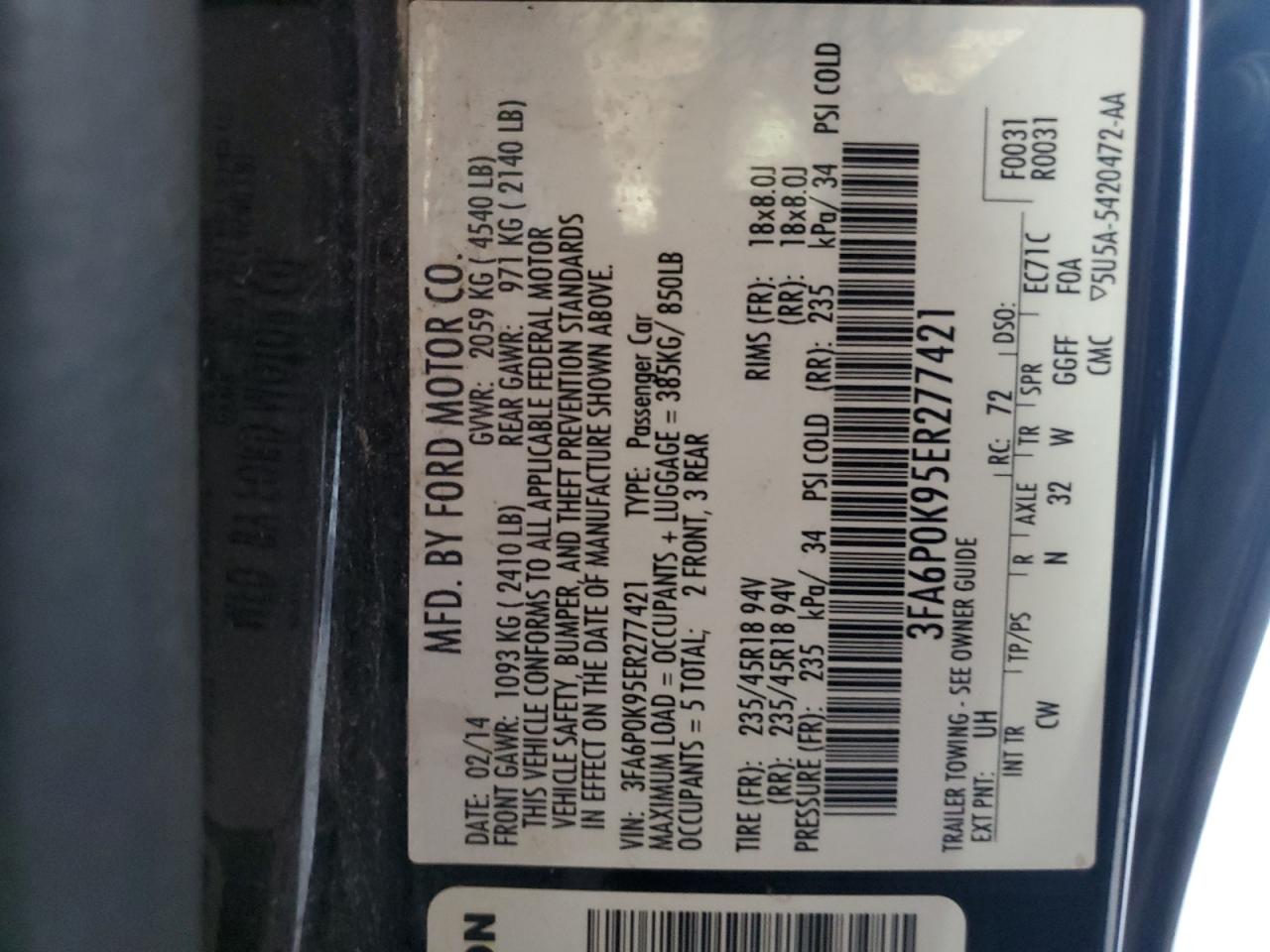 2014 Ford Fusion Titanium VIN: 3FA6P0K95ER277421 Lot: 86654175