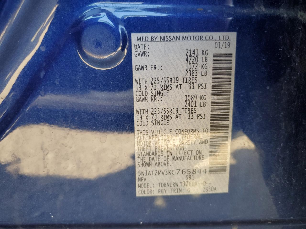 2019 Nissan Rogue S VIN: 5N1AT2MV3KC765844 Lot: 85099925