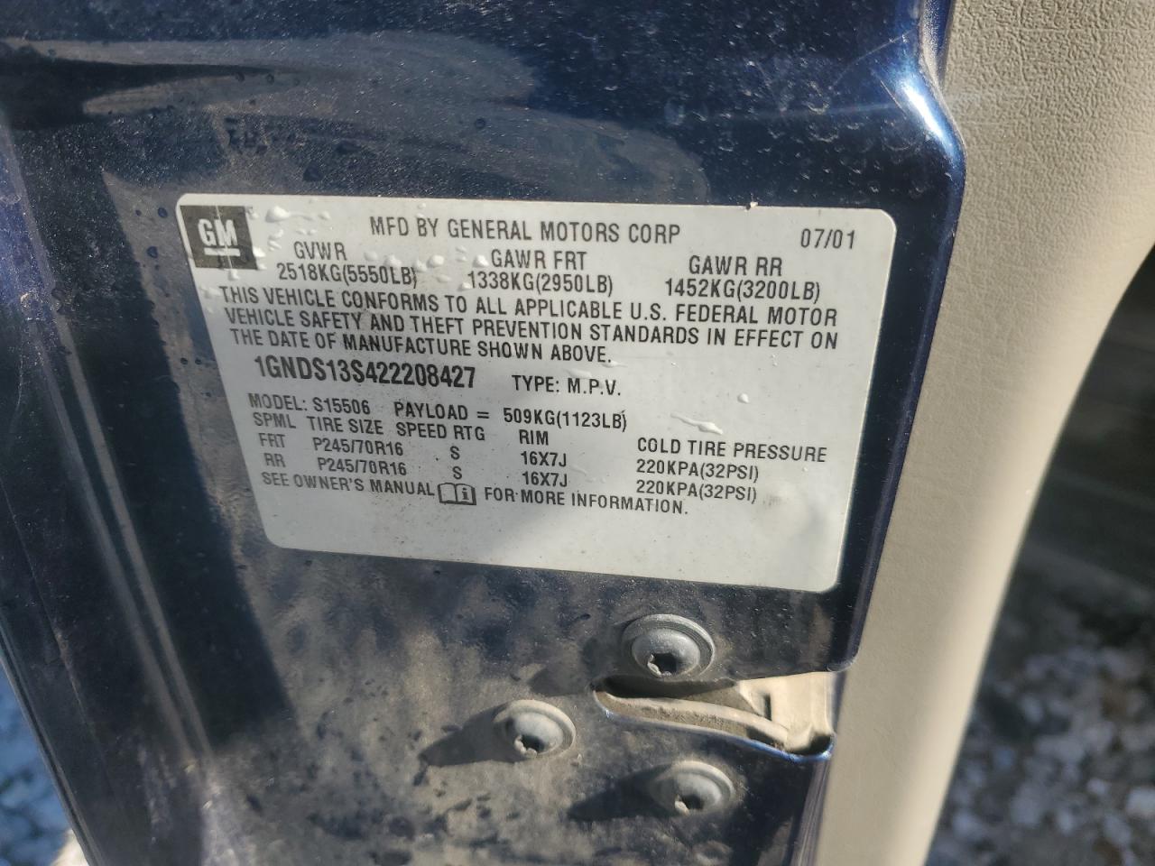 2002 Chevrolet Trailblazer VIN: 1GNDS13S422208427 Lot: 89624785