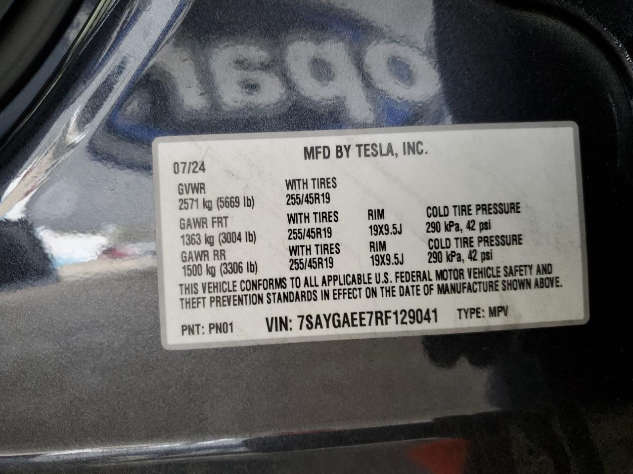 2024 Tesla Model Y VIN: 7SAYGAEE7RF129041 Lot: 82703015