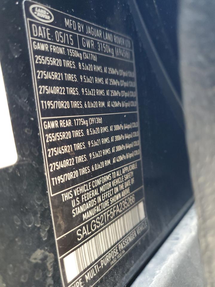 2015 Land Rover Range Rover Supercharged VIN: SALGS2TF5FA235266 Lot: 89635895