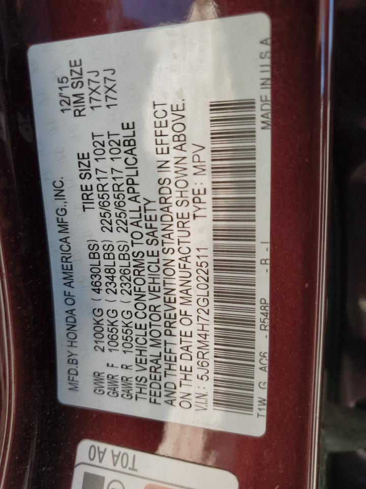 2016 Honda Cr-V Exl VIN: 5J6RM4H72GL022511 Lot: 89625525