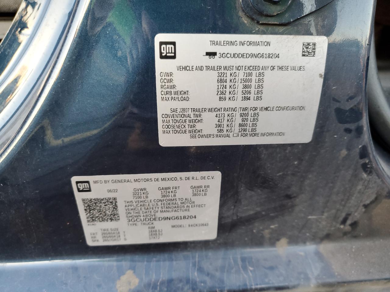 2022 Chevrolet Silverado K1500 Lt VIN: 3GCUDDED9NG618204 Lot: 85835885