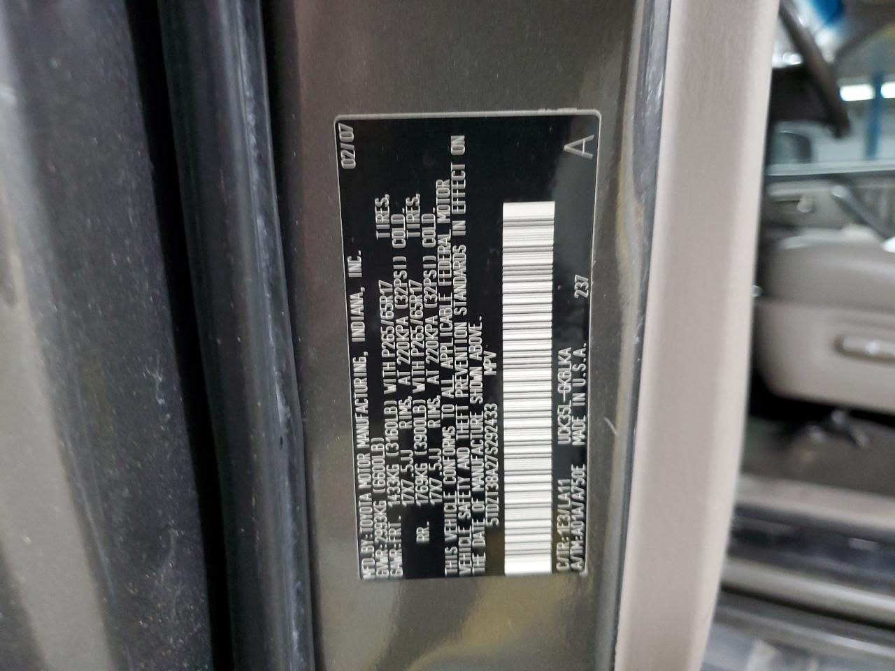 2007 Toyota Sequoia Limited VIN: 5TDZT38A27S292433 Lot: 85425915