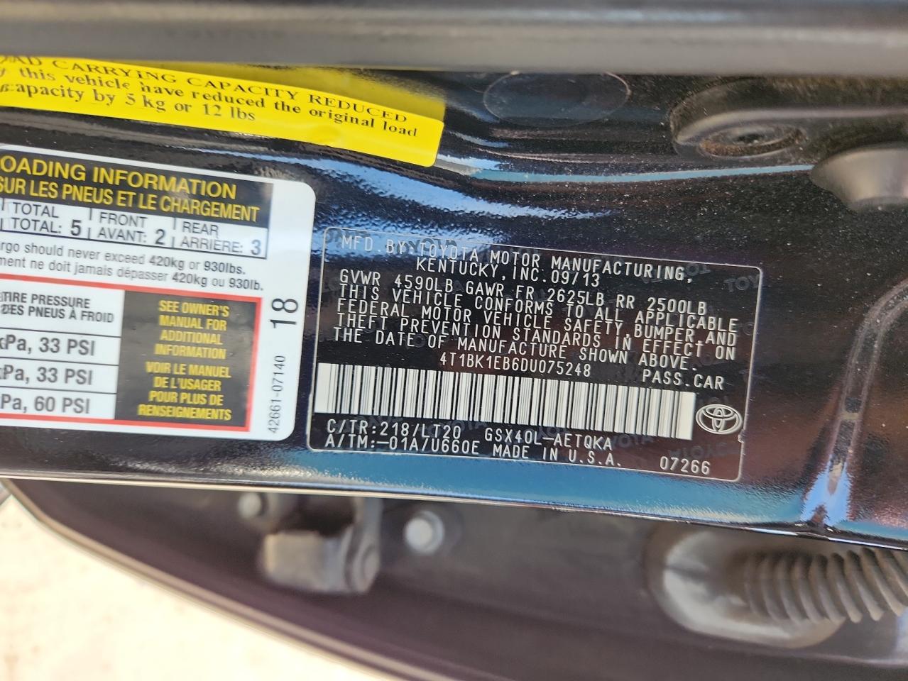 2013 Toyota Avalon Base VIN: 4T1BK1EB6DU075248 Lot: 86540145