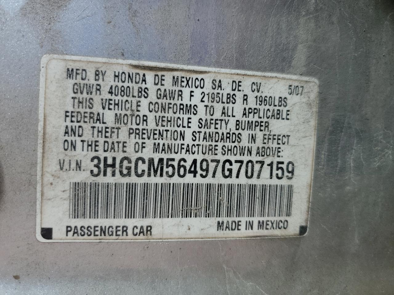 2007 Honda Accord Lx VIN: 3HGCM56497G707159 Lot: 85718805
