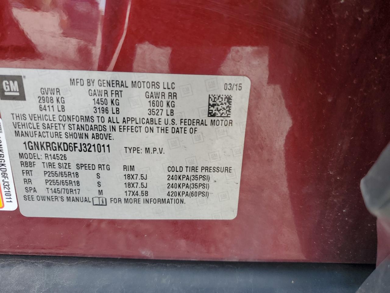 2015 Chevrolet Traverse Lt VIN: 1GNKRGKD6FJ321011 Lot: 85553765