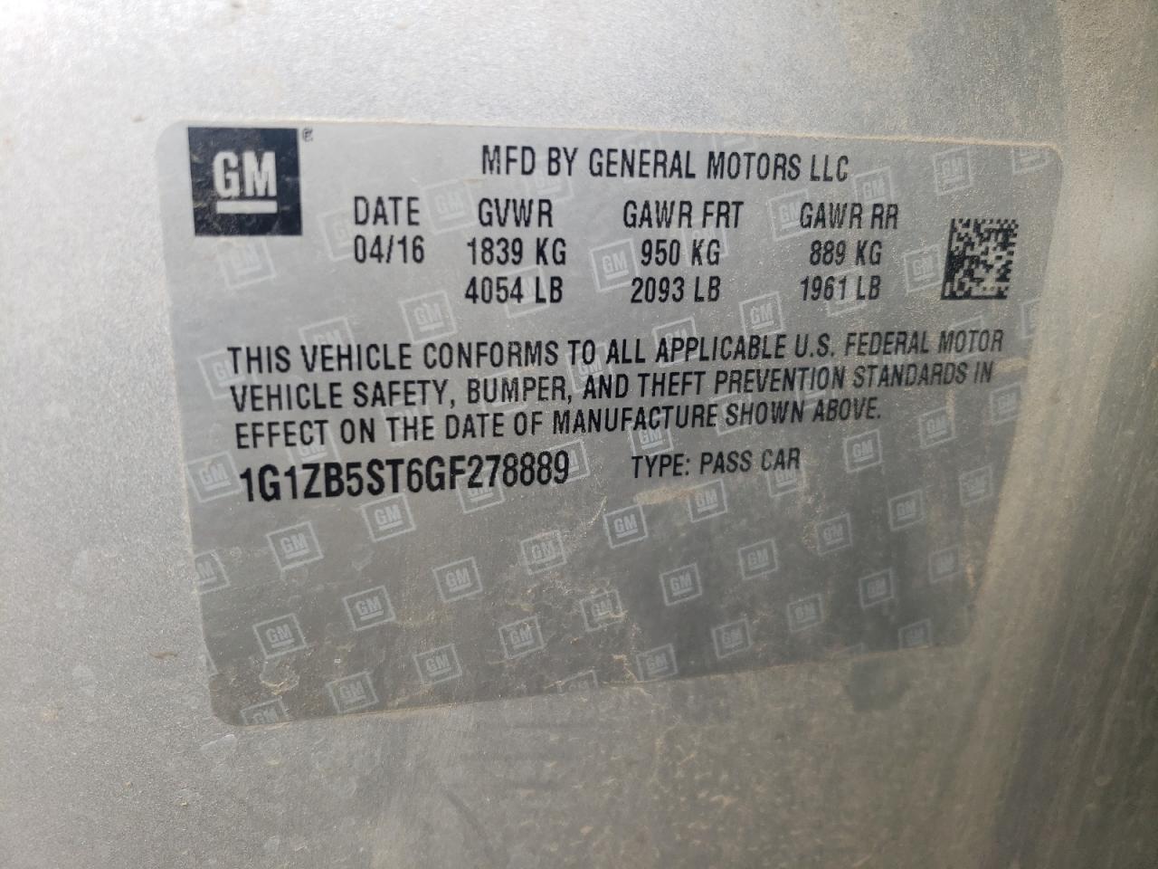 2016 Chevrolet Malibu Ls VIN: 1G1ZB5ST6GF278889 Lot: 85301315