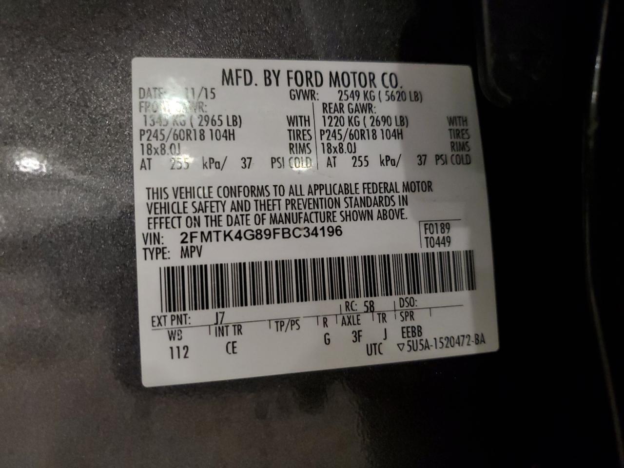 2015 Ford Edge Se VIN: 2FMTK4G89FBC34196 Lot: 86083925