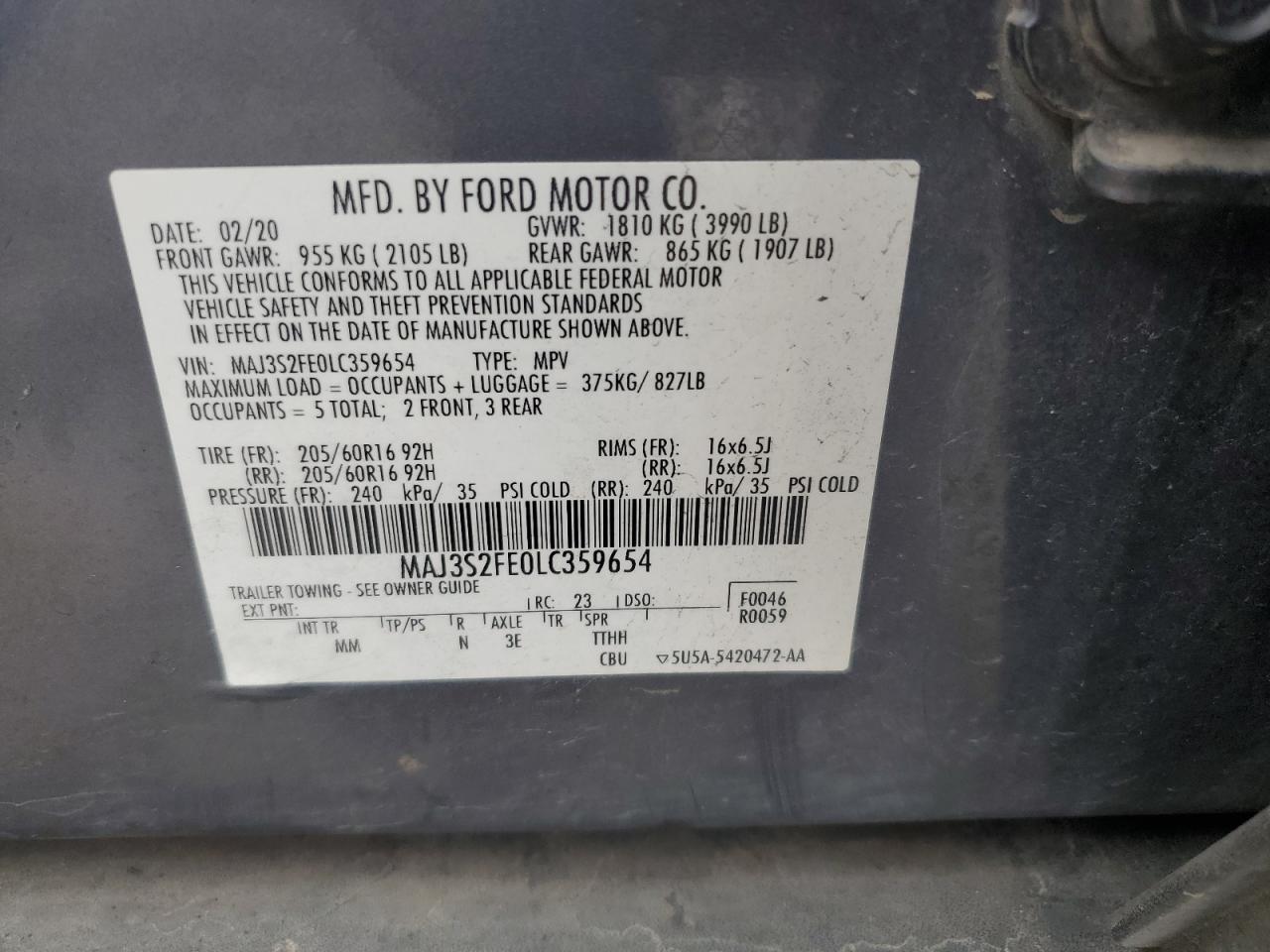 2020 Ford Ecosport S VIN: MAJ3S2FE0LC359654 Lot: 82275495