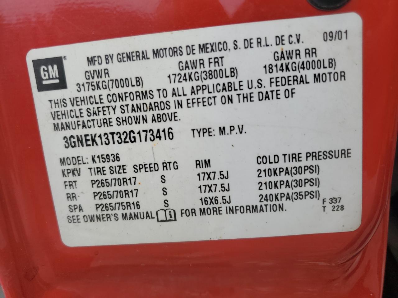 2002 Chevrolet Avalanche K1500 VIN: 3GNEK13T32G173416 Lot: 82410295