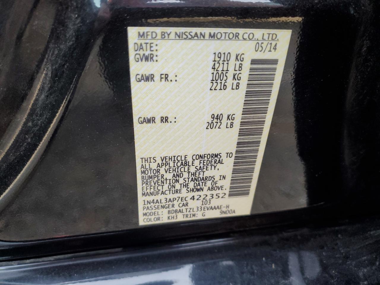 2014 Nissan Altima 2.5 VIN: 1N4AL3AP7EC422352 Lot: 82046555