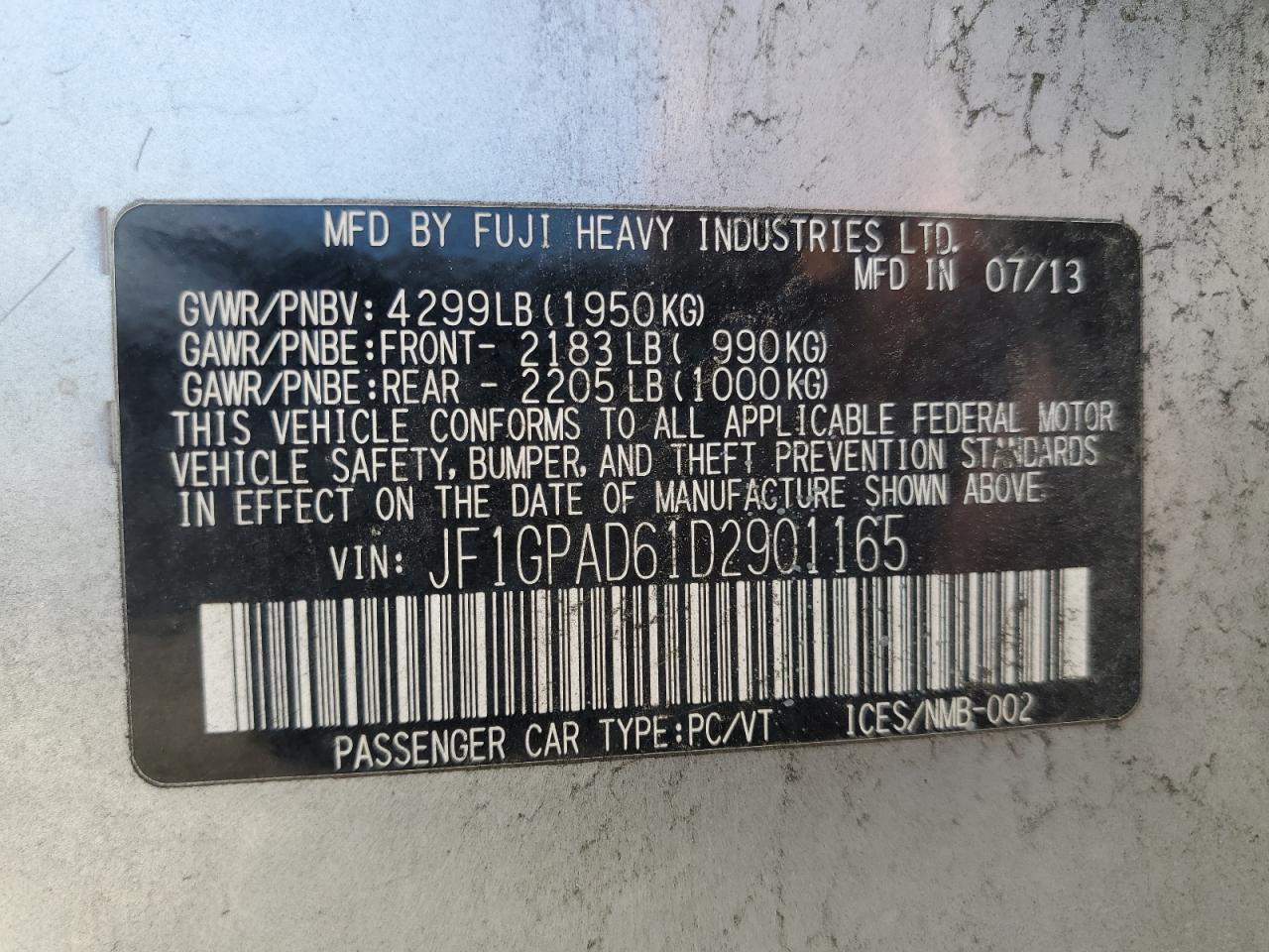 2013 Subaru Impreza Pr VIN: JF1GPAD61D2901165 Lot: 87025125