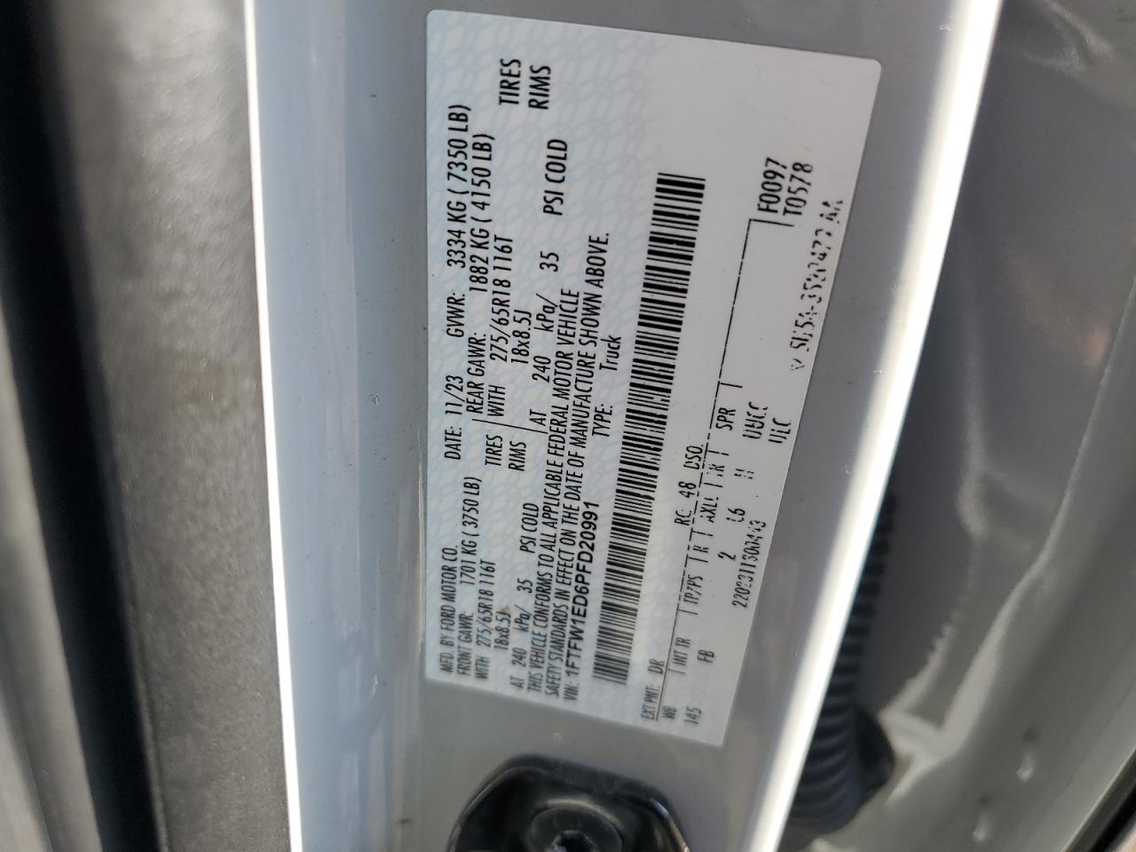 2023 Ford F150 Supercrew VIN: 1FTFW1ED6PFD20991 Lot: 86414635