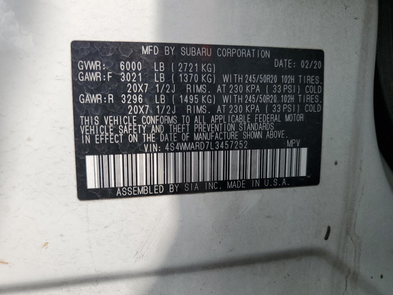 2020 Subaru Ascent Touring VIN: 4S4WMARD7L3457252 Lot: 82346065