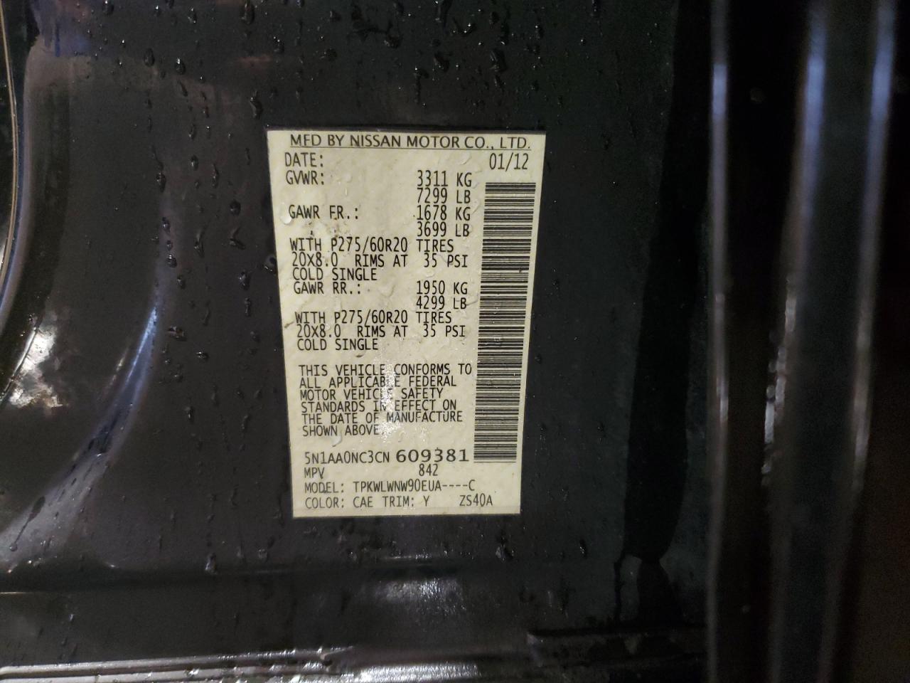 2012 Nissan Armada Sv VIN: 5N1AA0NC3CN609381 Lot: 85918025