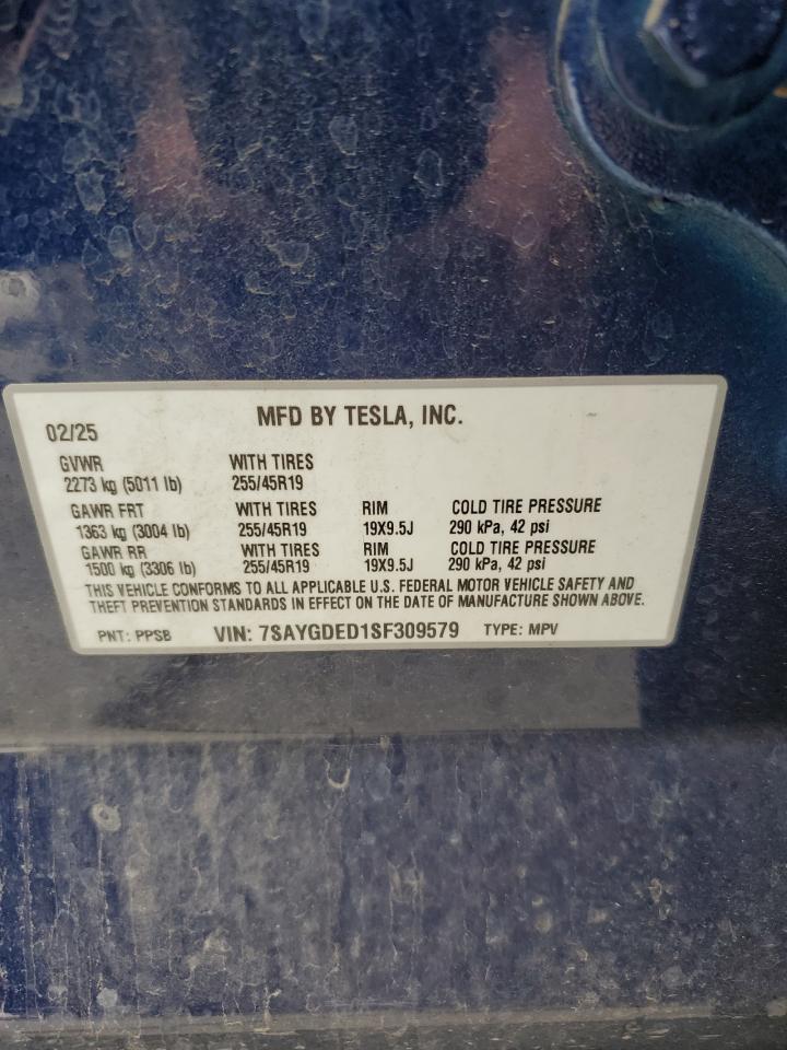2025 Tesla Model Y VIN: 7SAYGDED1SF309579 Lot: 86130175
