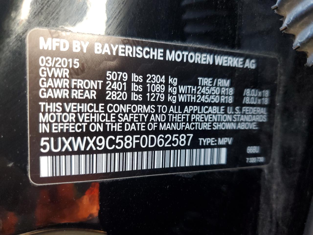 2015 BMW X3 xDrive28I VIN: 5UXWX9C58F0D62587 Lot: 90873795