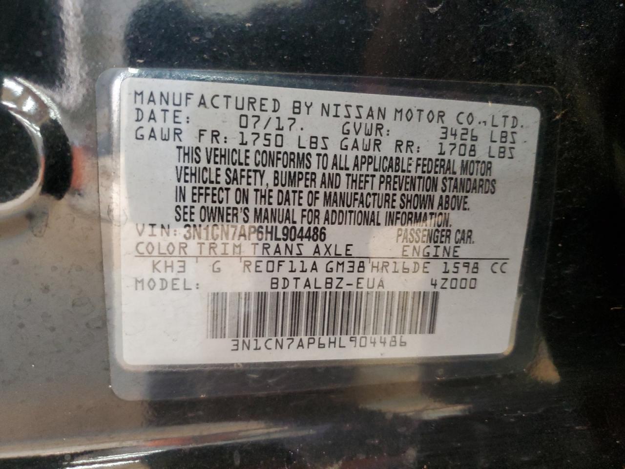 2017 Nissan Versa S VIN: 3N1CN7AP6HL904486 Lot: 82461725