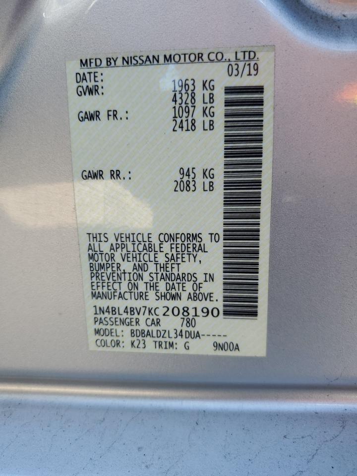 2019 Nissan Altima S VIN: 1N4BL4BV7KC208190 Lot: 82429155