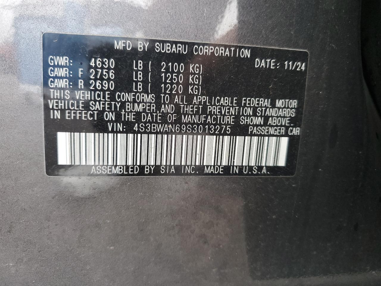 2025 Subaru Legacy Limited VIN: 4S3BWAN69S3013275 Lot: 87267155