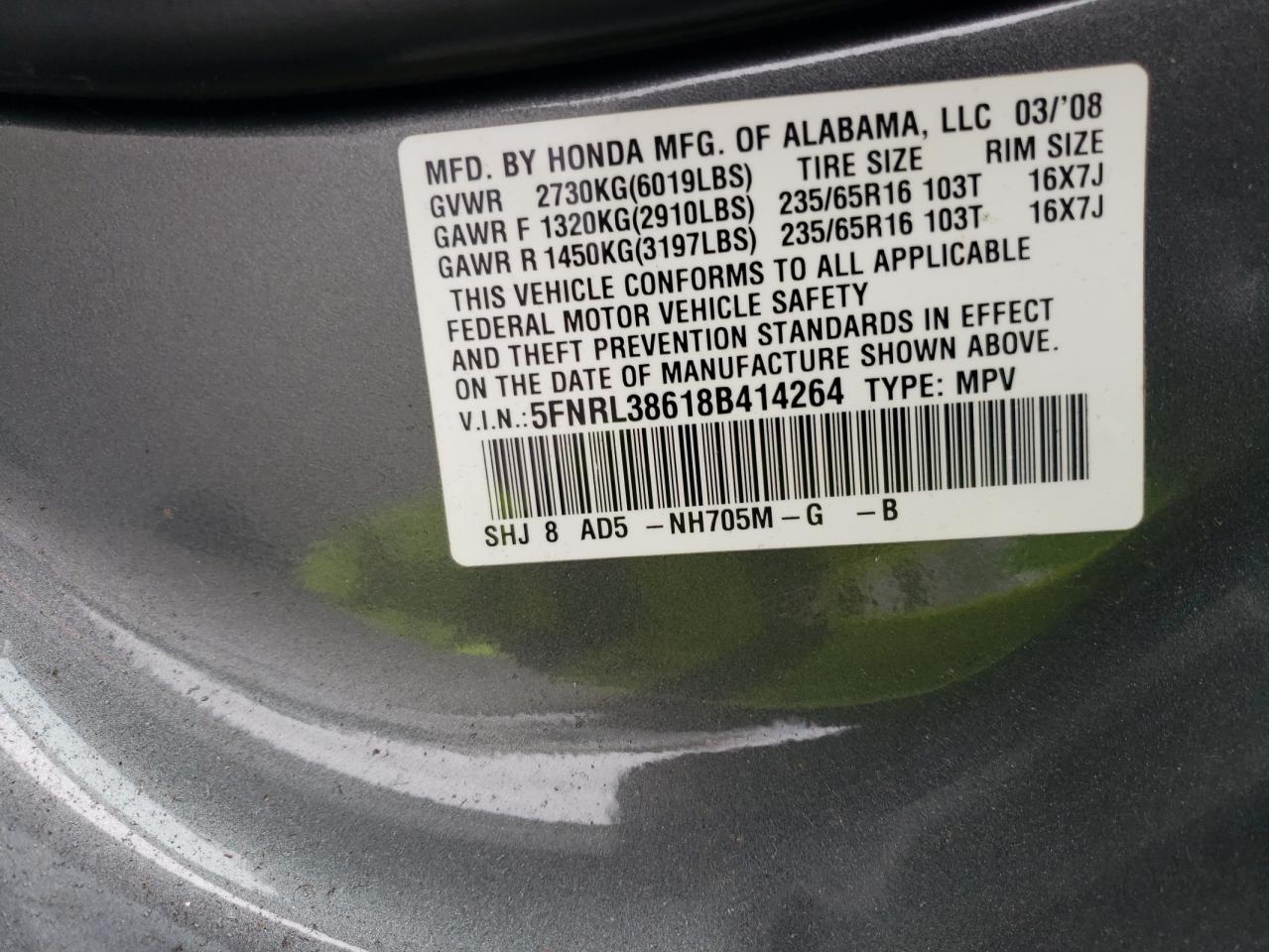 2008 Honda Odyssey Exl VIN: 5FNRL38618B414264 Lot: 86099345