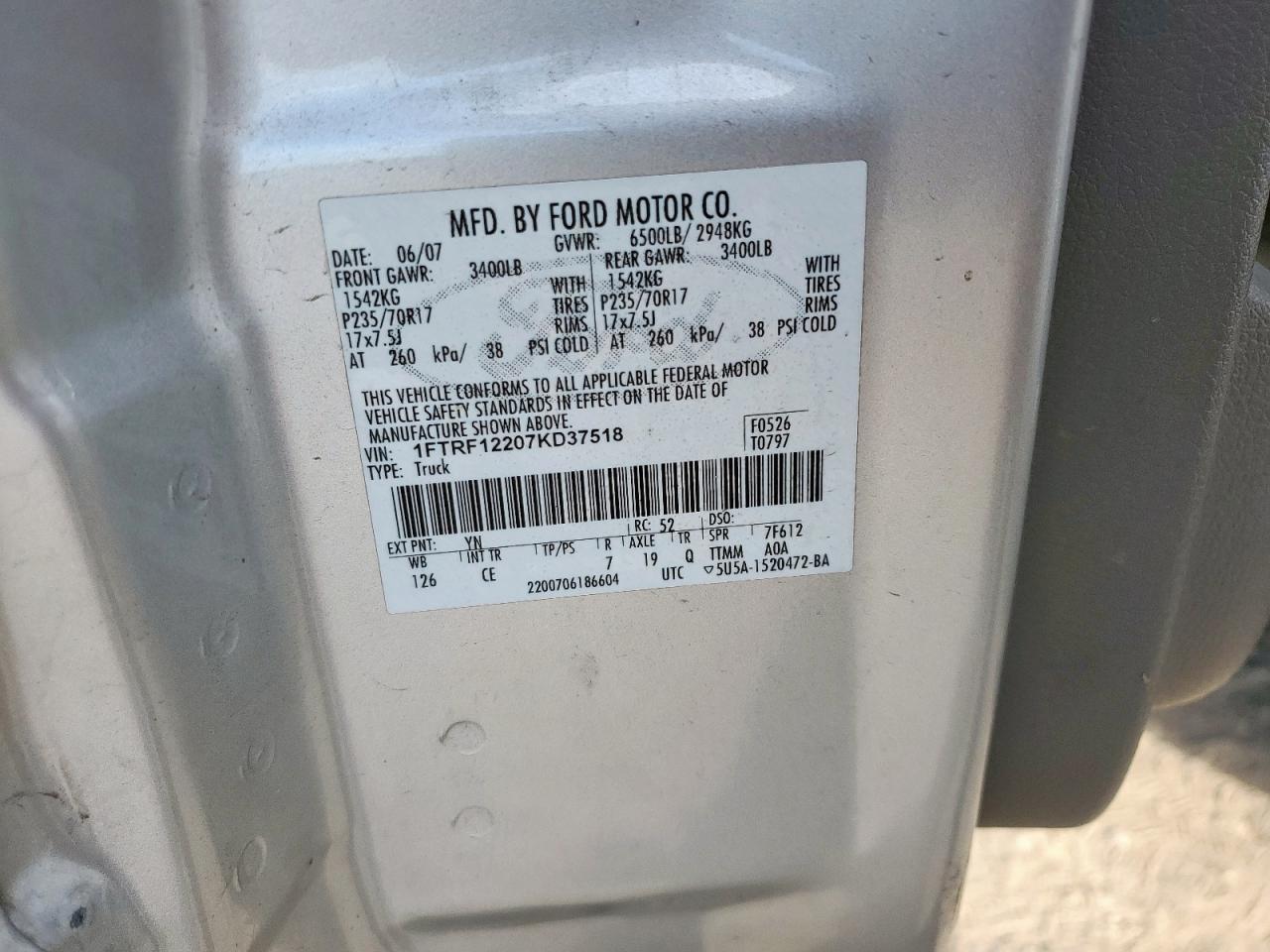 2007 Ford F150 VIN: 1FTRF12207KD37518 Lot: 85335555